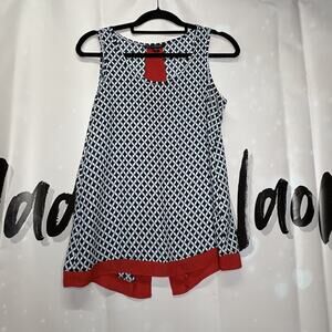 Zac & Rachel Geo Print Sleveless Top Navy White Red Trim Split Back Small Career